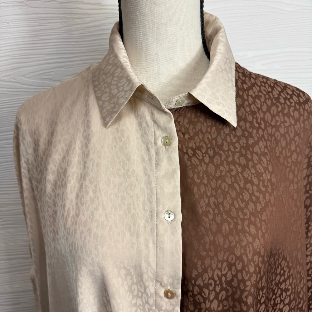 Entro Cream Brown Leopard Animal Print Button Up Blouse S/M - Picture 5 of 7